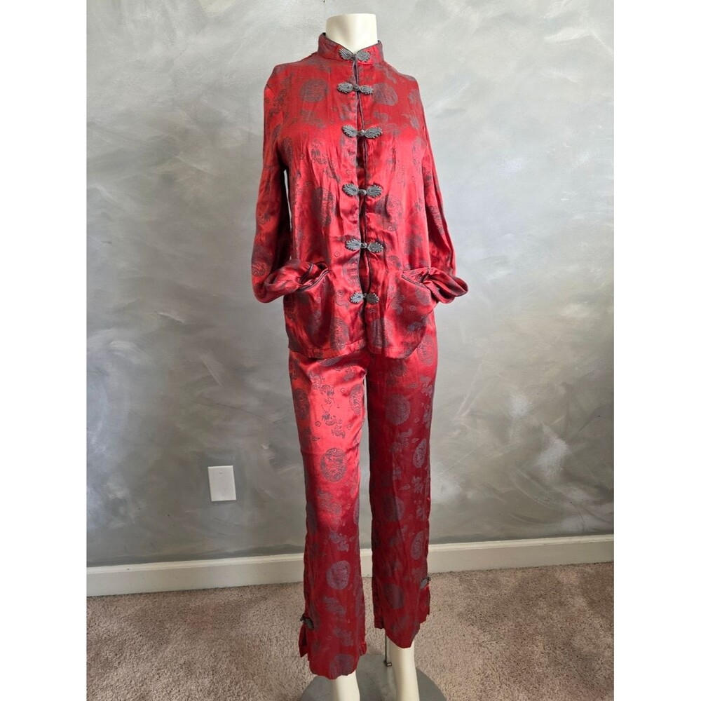 Vtg Shanghi Red Asian Motif Pajama Set Polyester Mandarin Collar Frog Closure S